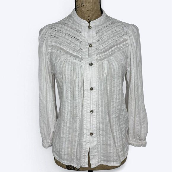 Zara Romantic Lace Trim Blouse Sz S White Button Front Puff Cottagecore Boho - Picture 1 of 13